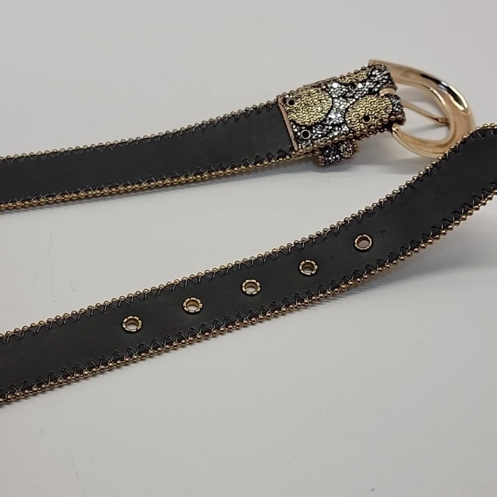 Vtg ELITE Dress Belt Women Sz Small Gold Silver Black Mix Bead Edge Brass Buckle